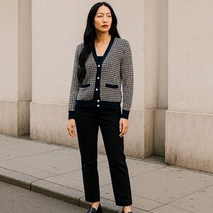 Ralph Lauren Purple Label 100% Cashmere Navy White Houndstooth Cardigan Size M